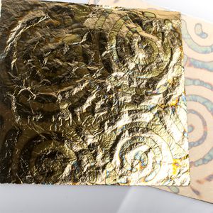 Кольорова поталь оксид, №08 Помаранчеві кола на синьо-золотому фоні, 5 аркушів, 14 на 14 см